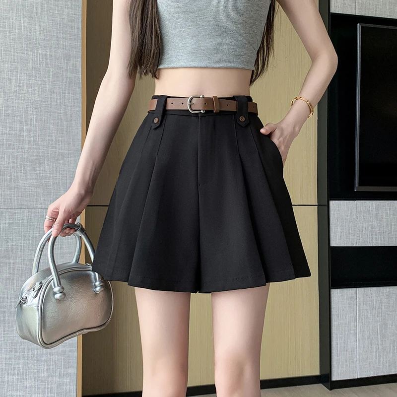 New Fashion High Waist A-line Pleated Shorts Skirts Women Summer Solid Color Wide-leg Shorts Korean Office Lady Casual Culottes