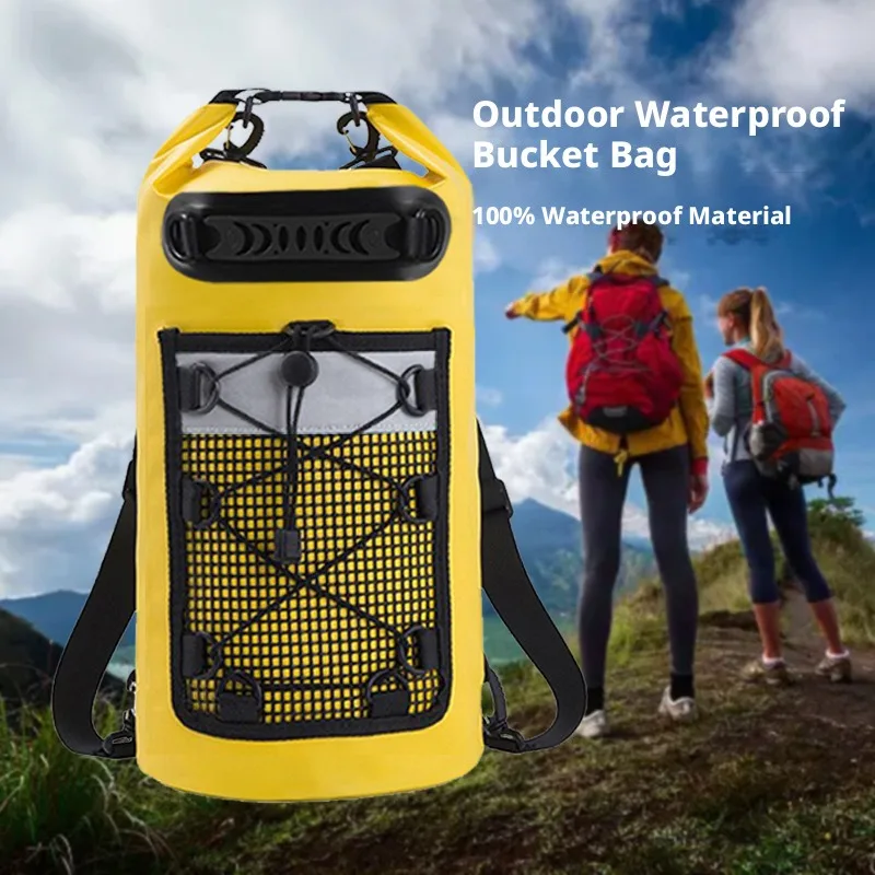 Waterproof Mesh Beach Tote Bag Large Capacity Drawstring Net Bag for Outdoor Camping Drifting Swimming Trekking River Tracing