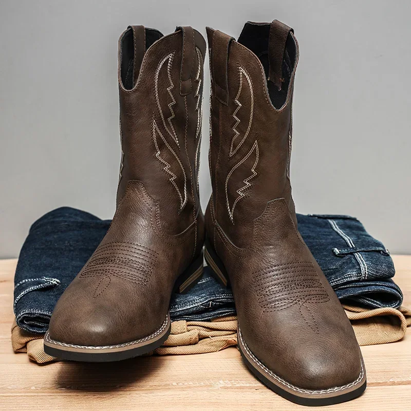 Men's Classic Retro Western Cowboy Boots 2025 Mens Fashion Embroidery Mid-Calf Leather Boot High-top Casual Shoes for Men