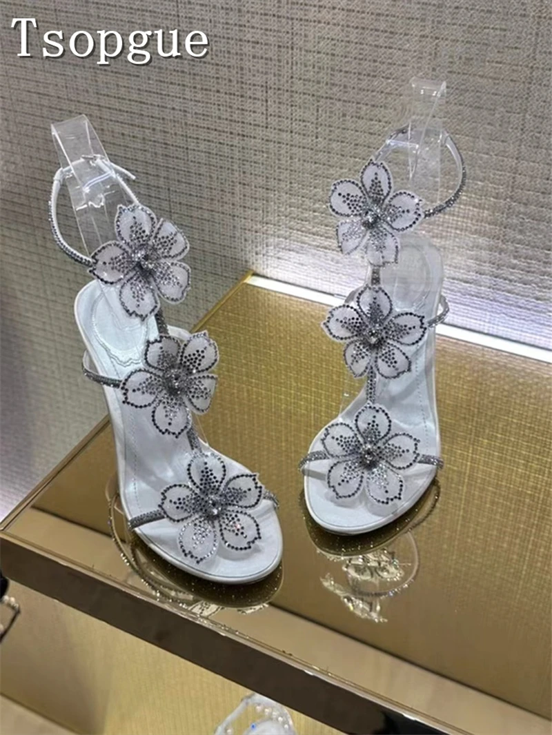 Bling Crystal Chain Flower Sandals for Women Summer New Fairy Style Open Toed High Heels Luxury Party Wedding Stiletto Shoes