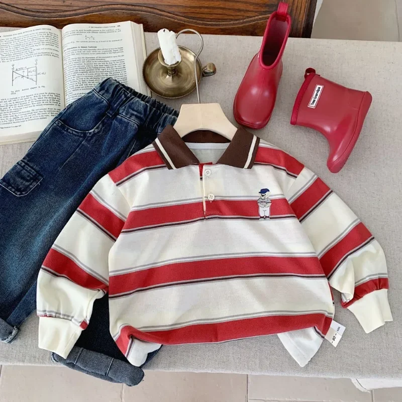 Spring Fall Kids POLO Shirt Korean style Boys striped turn-down collar T-shirt Girls long sleeve Tops