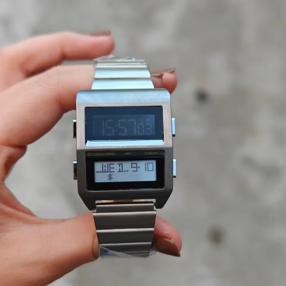 Matching Matrix Retro 1980s Electronic Digital Watch Dual LCD Display Stainless Steel BenlyDesign Futuristic 2026 Timepiece