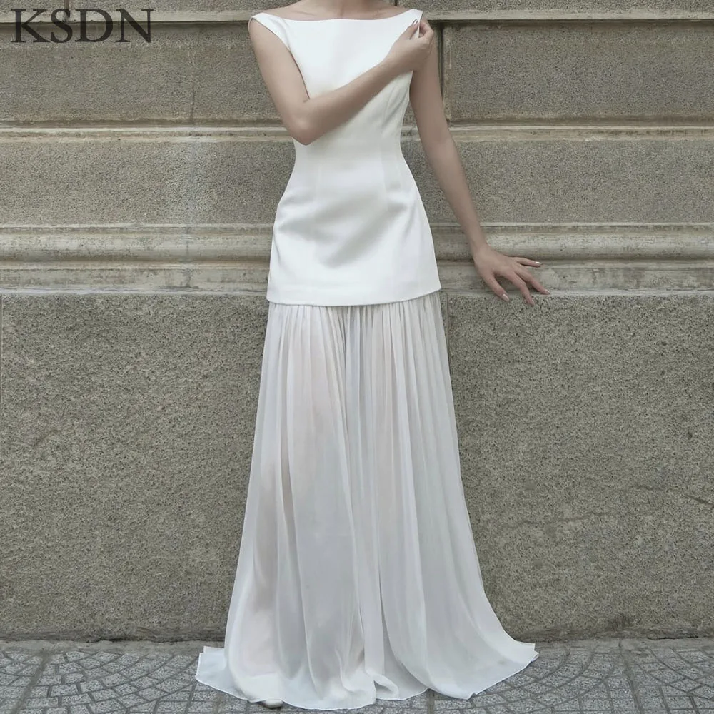 

KSDN Fashion White O-Neck Sleeveless Evening Dress Luxury Sweep Train Draped Dresses Formal Occasion Customzied Illusion Gowns