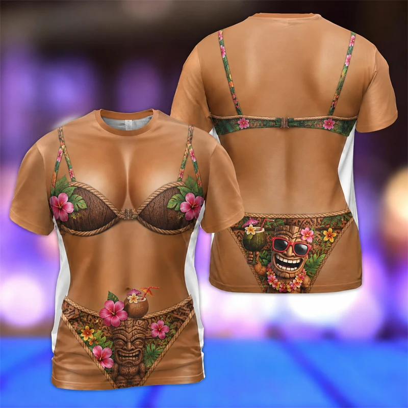 Men Women Novelty Fake Bikini Body Graphic T‑Shirt All‑Over Tropical Pineapple Tiki Design Short Sleeve Prank Tee Costume Tops