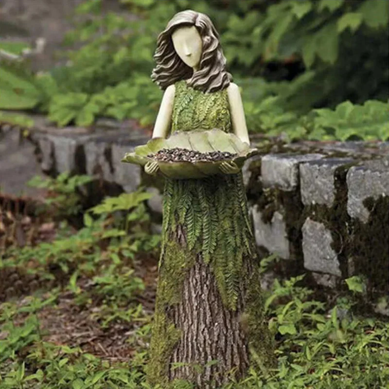 Fairy Tales Mori Girl Bird Feeder Statue Garden Outdoor Courtyard Lawn Decorative Resin Ornaments Bird Feeding Trays