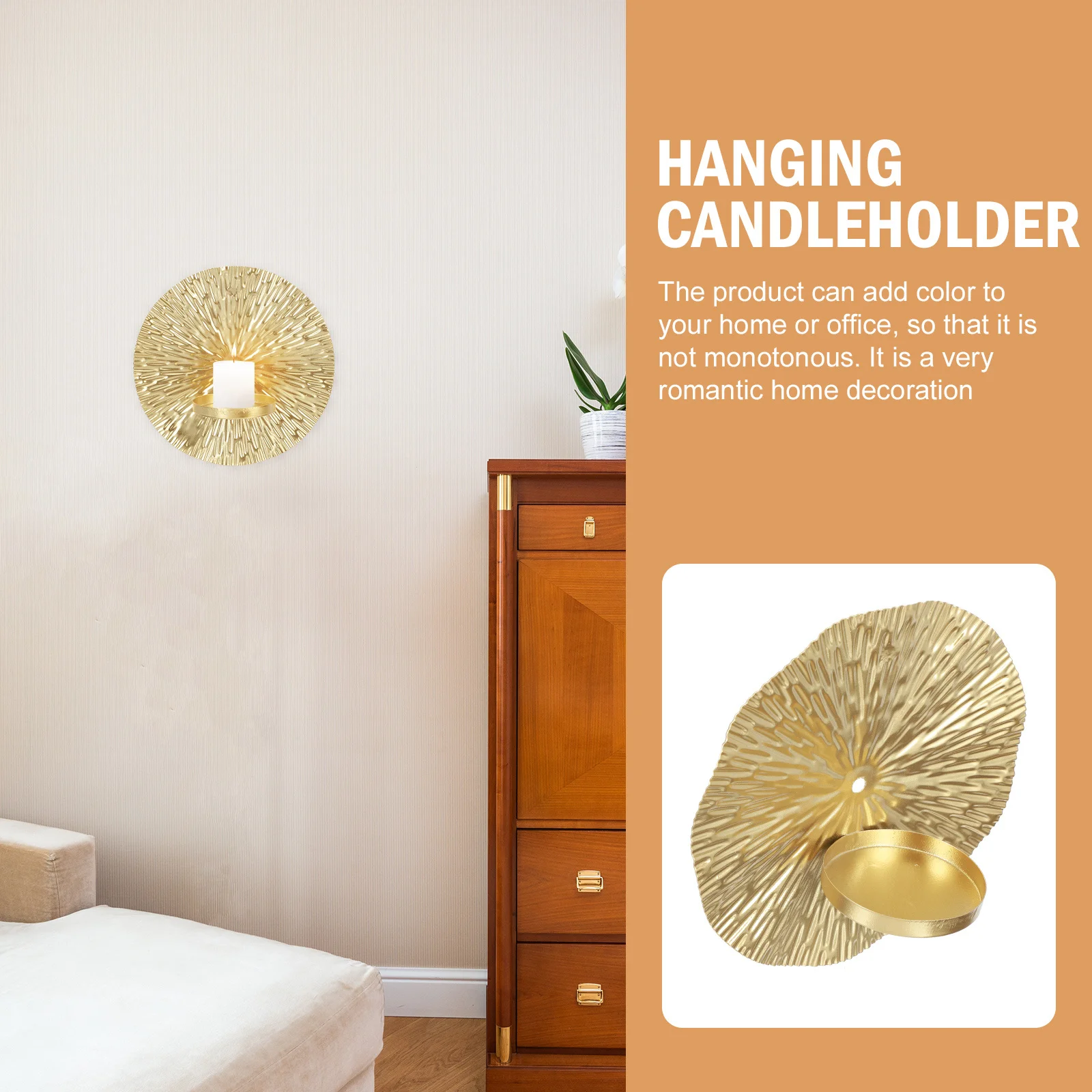 

Golden Round Plate Hanging Candleholder Wall Mounted Decorative Stand for Living Room Bedroom Office Home Decor