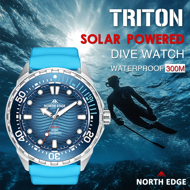 

NORTH EDGE TRITON New 2025 Solar Powered Dive Watch Men Luxury Quartz Watches For Men 316L Stainless Steel Case Waterproof 300M