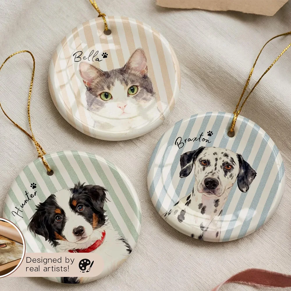 Personalized Pet Memorial Watercolor Ornament Photo and Name Striped Dog&cat Ornaments Personalized Remembrance Gift Lovers Loss