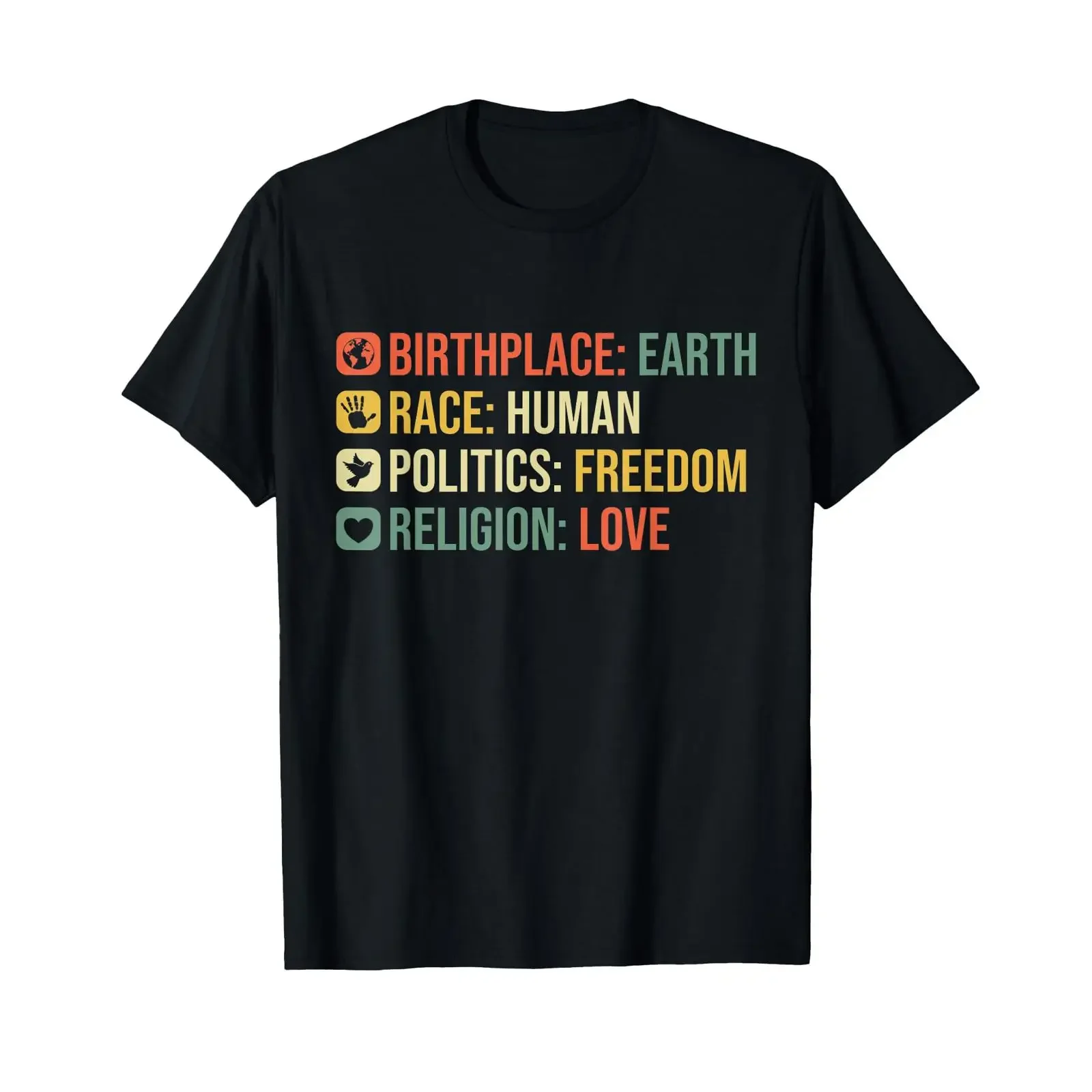 T-shirt vintage lavé avec motif « Birth Place Earth Breed Human Politics Freedom Religion Love », élégant, légèrement extensible