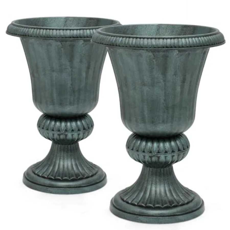 

Outdoor urn planters for front porch entryway decor weatherproof tall plastic antique green set of 2 20-inch decorative garden