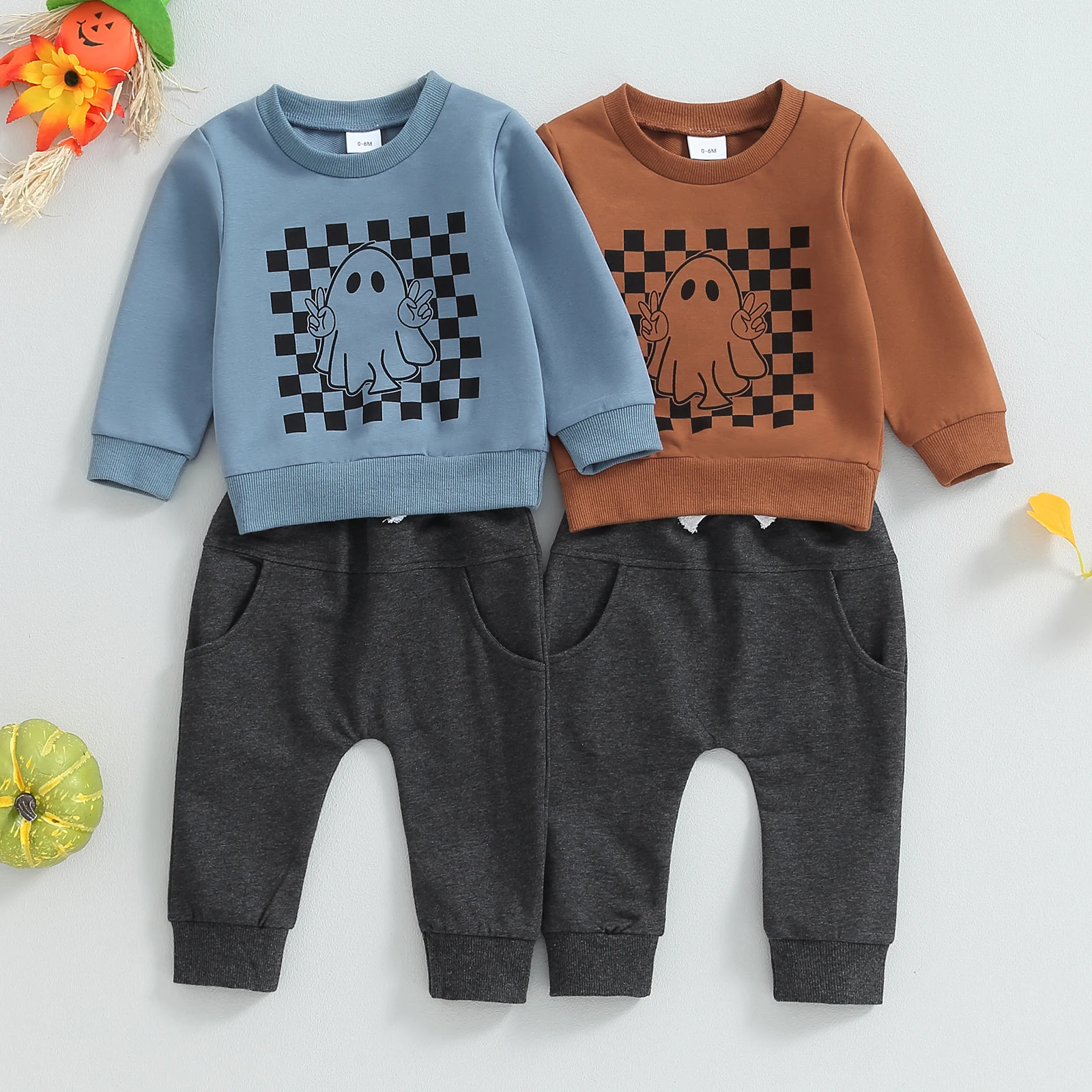 

VISgogo Toddler Boys Fall Outfits Checkerboard Ghost Print Crew Neck Long Sleeve Sweatshirts and Long Pants Halloween Clothes