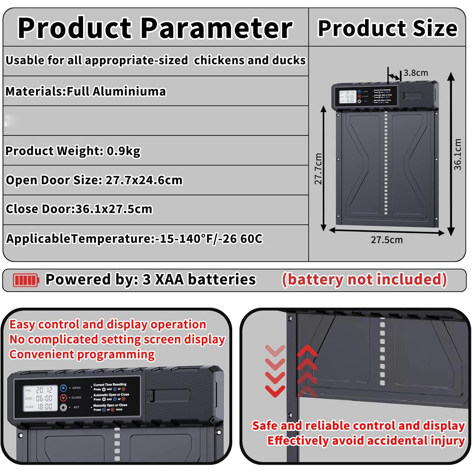 Automatic chicken coop door, large-sized LCD screen with timer, powered by 3 * AA batteries (battery not included)