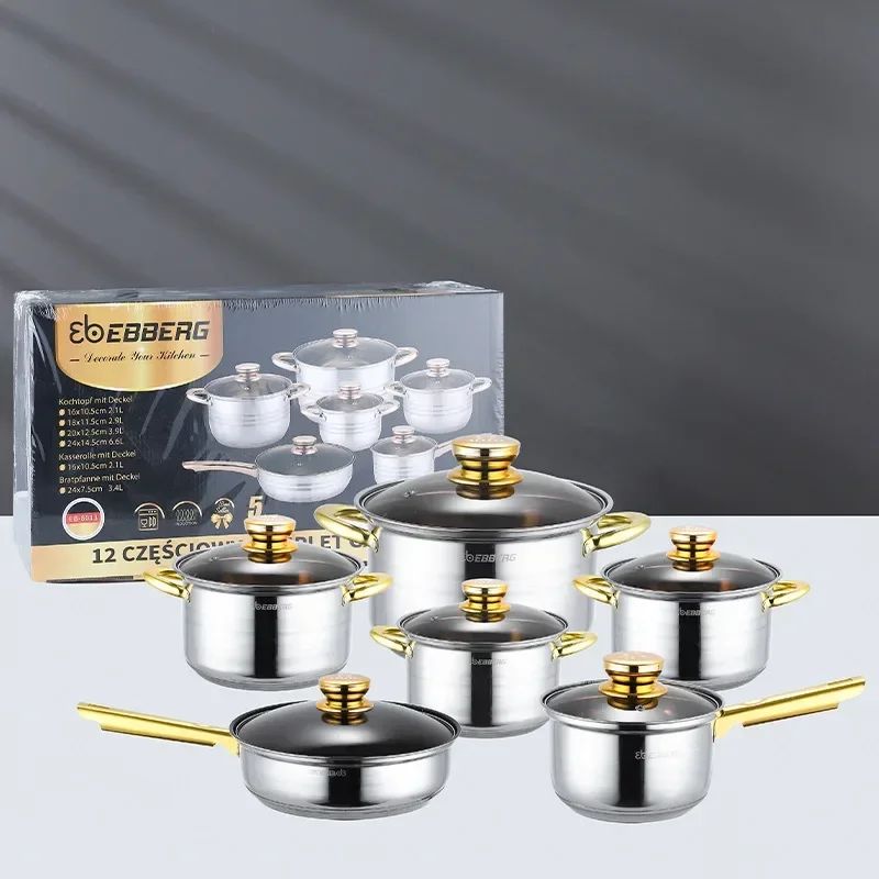 

Stainless Steel Pan Set with Cover, Non-Stick Pan, Gold Handle, 5 Layer Base, 6 Pcs