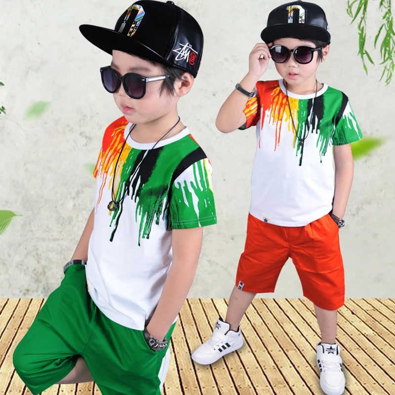 2024 New Kids Short Sleeve Suit Green Orange Print Boys Set Summer Tops And Shorts Baby Clothes Children's Wear 4 To 14 Years