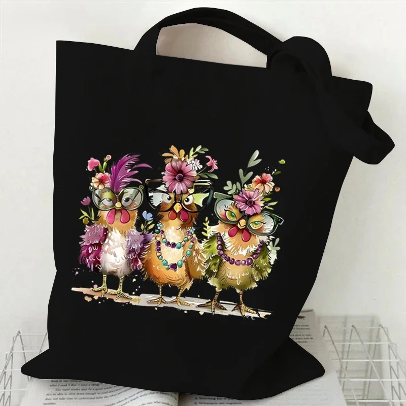 กระเป๋าผ้าใบลายแมวและไก่สุดฮาสำหรับผู้หญิงกระเป๋านักช้อปกระเป๋าถือใช้ซ้ำได้ลายการ์ตูน tas Jinjing bahu สัตว์อะนิเมะ