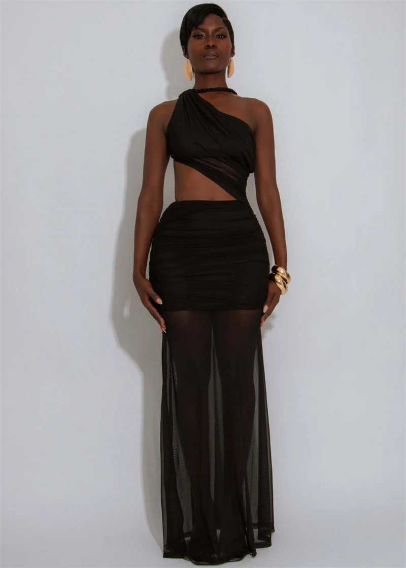 Doyerl One Shoulder Mesh Sexy Maxi Dress Women Evening Patchwork Sheath Cut Out Sleeveless Night Club Party Long Dresses Elegant