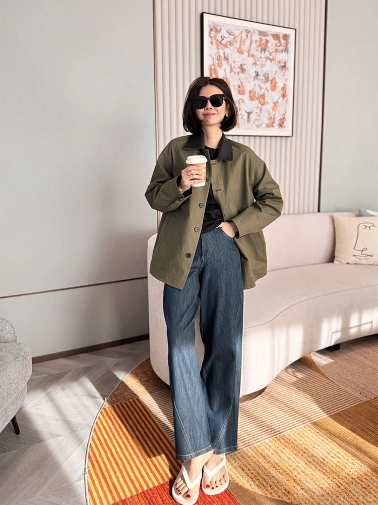 

VESSI Jin Chairman "Vitality Denim" Cotton High Waist Twisted Stitch Straight Leg Jeans Women's Minimalist Style Spring Autumn