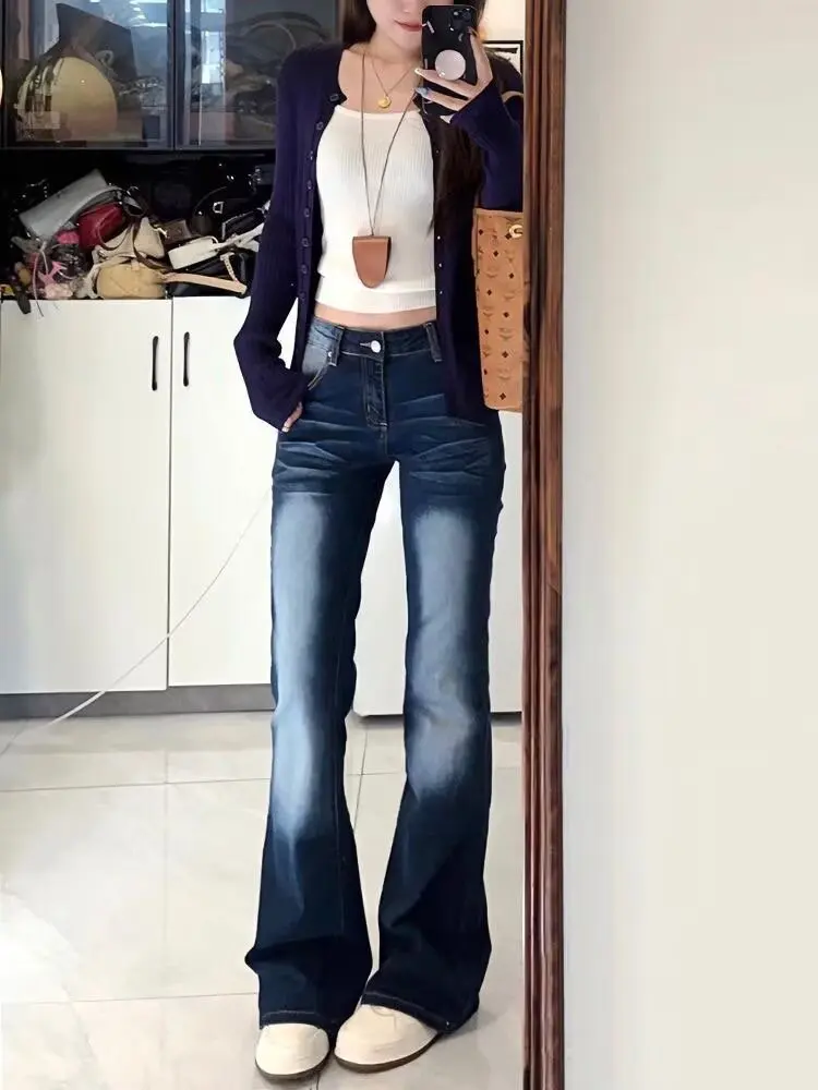 بنطال جينز نسائي من American Sle Waed متوهج من قماش الدنيم فتاة حلوة وحارة عالية الخصر للتنحيف كاجوال باللون الأزرق