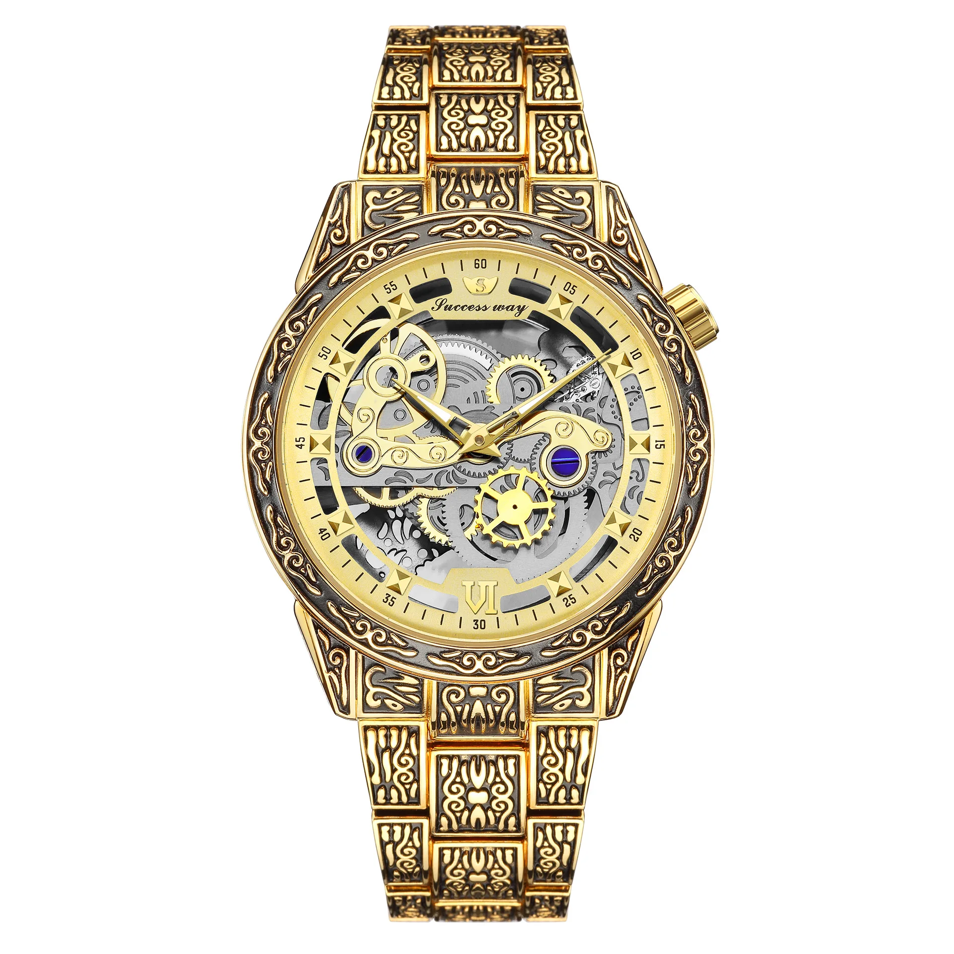 Fashion Men Punk Gothic Watch Black Dial Engraved Design Quartz Wristwatch Unique Hip Hop Street Style Watch for Men