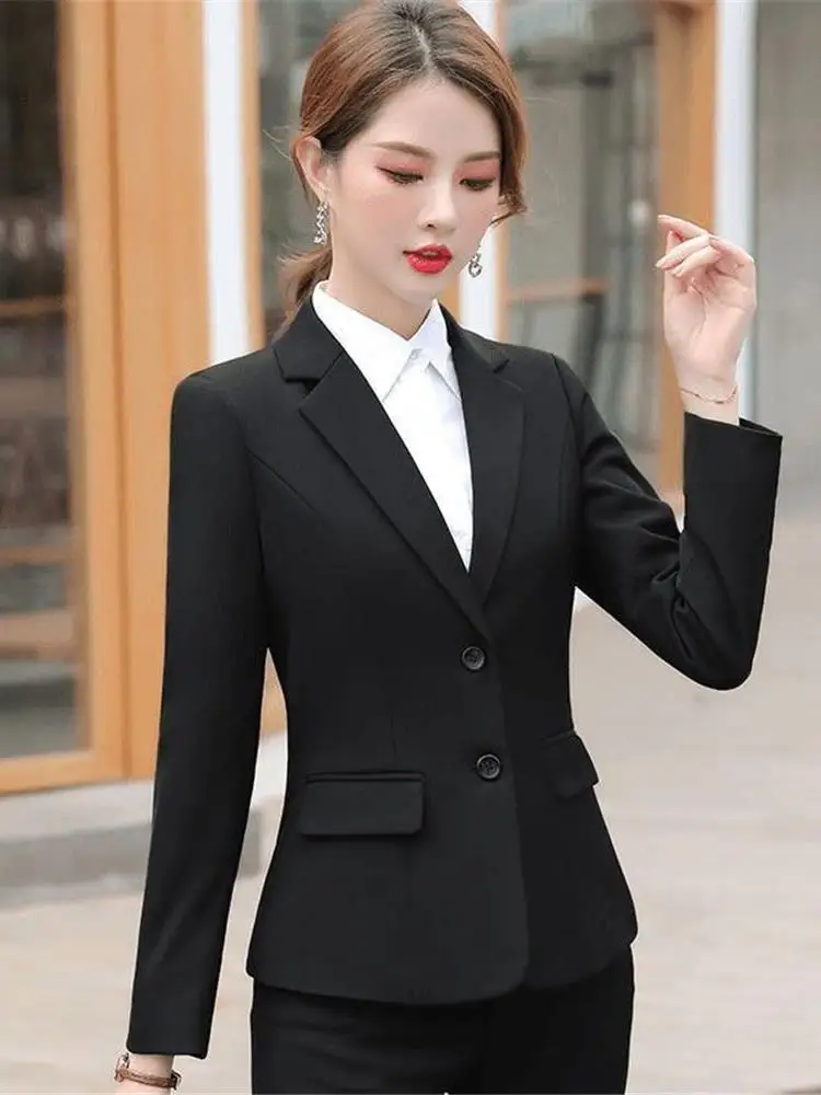 Black Tailored Suit Jacket Professional Interview Workwear Formal Women's Long Sleeve Short Length Single Button Closure