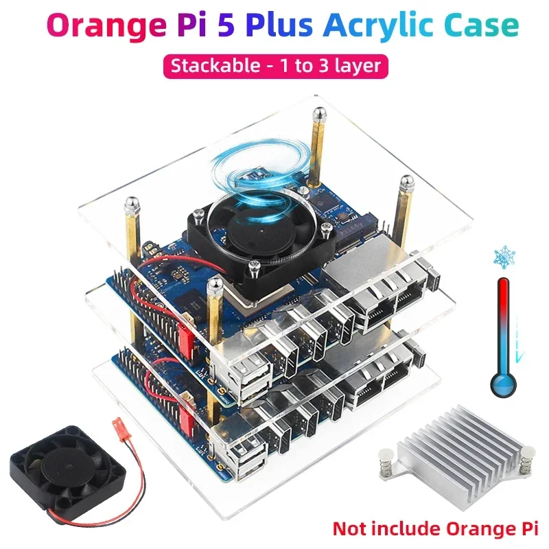 Orange Pi 5 Plus Acrylic Case Tranparent Shell 1 to 3 Layer Stackable Plate with Cooling Fan Optional Heat Sink for OPI 5 Plus