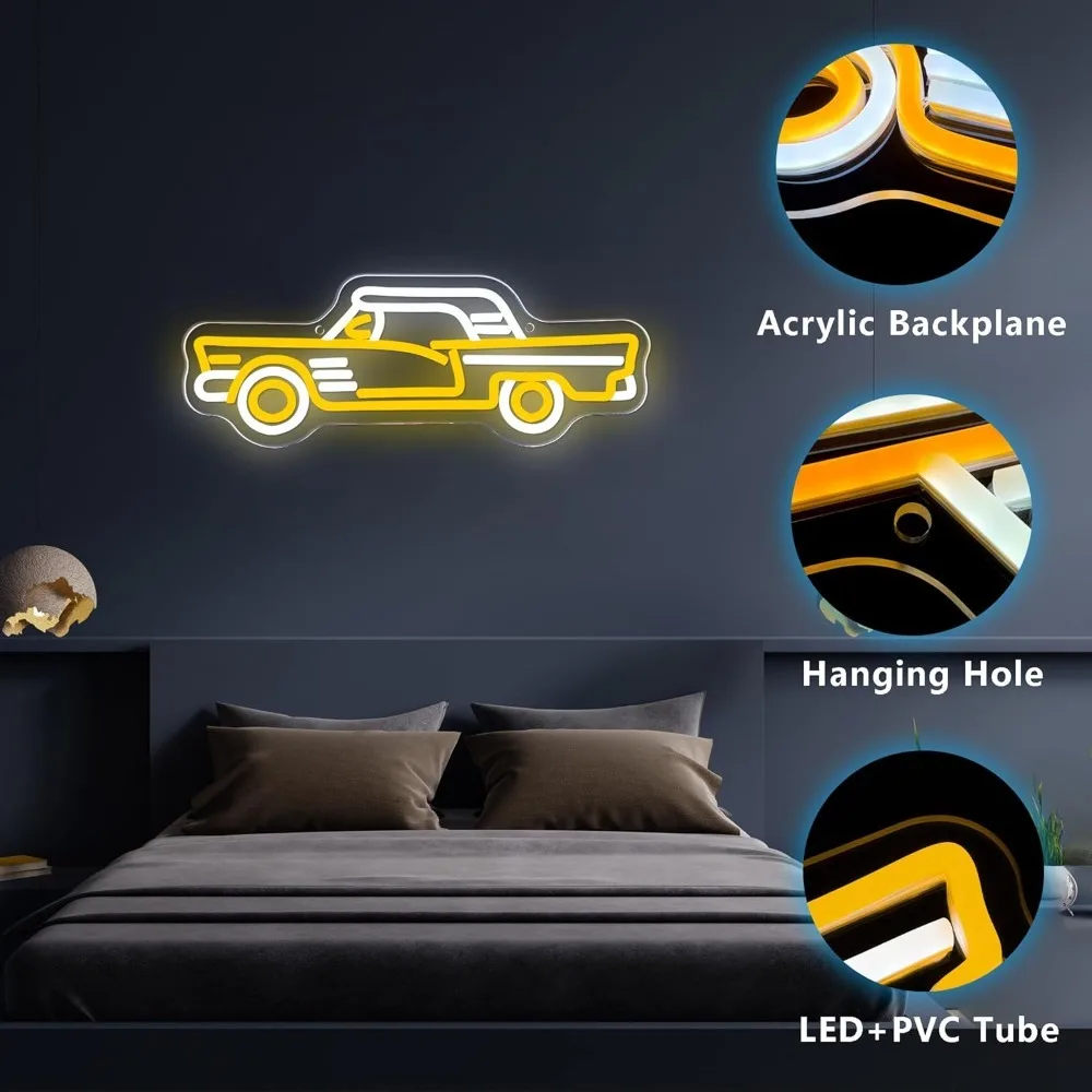 Vintage Sports Car Neon Sign, Cool Dimmable LED Retro Yellow Sports Car Shape Neon Signs for Garage Bar Game Room Man Den Gift