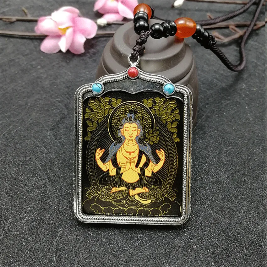 High Qualit hand-painted thangka Nepal Buddhism Pendant Necklaces Tibetan silver Amulet New Chinese Style Maitreya Necklace gift