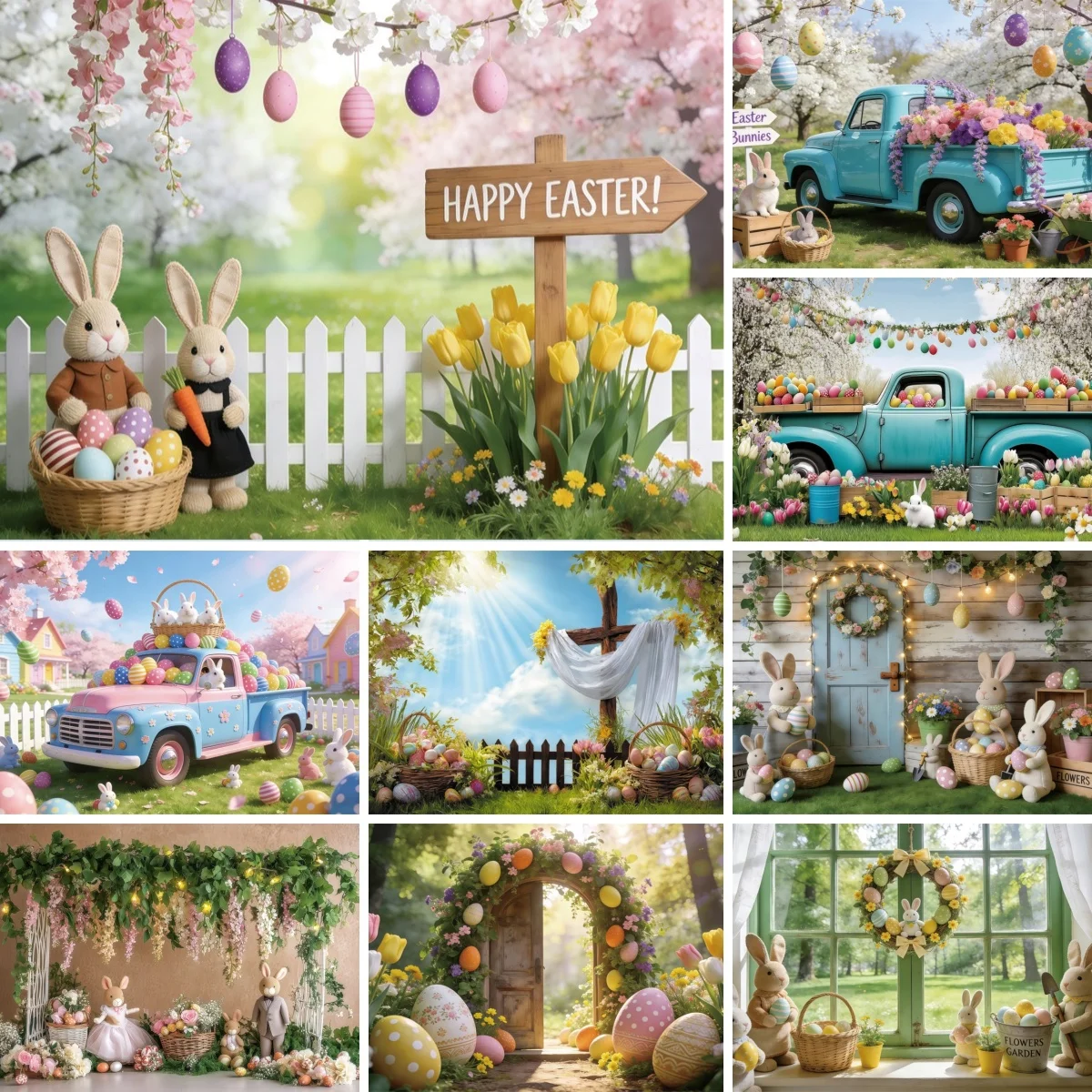 Yeele Spring Easter Photography Backdrop Garden Truck Flowers Eggs Rabbit Decor Baby Shower Kid Family Portrait Photo Background