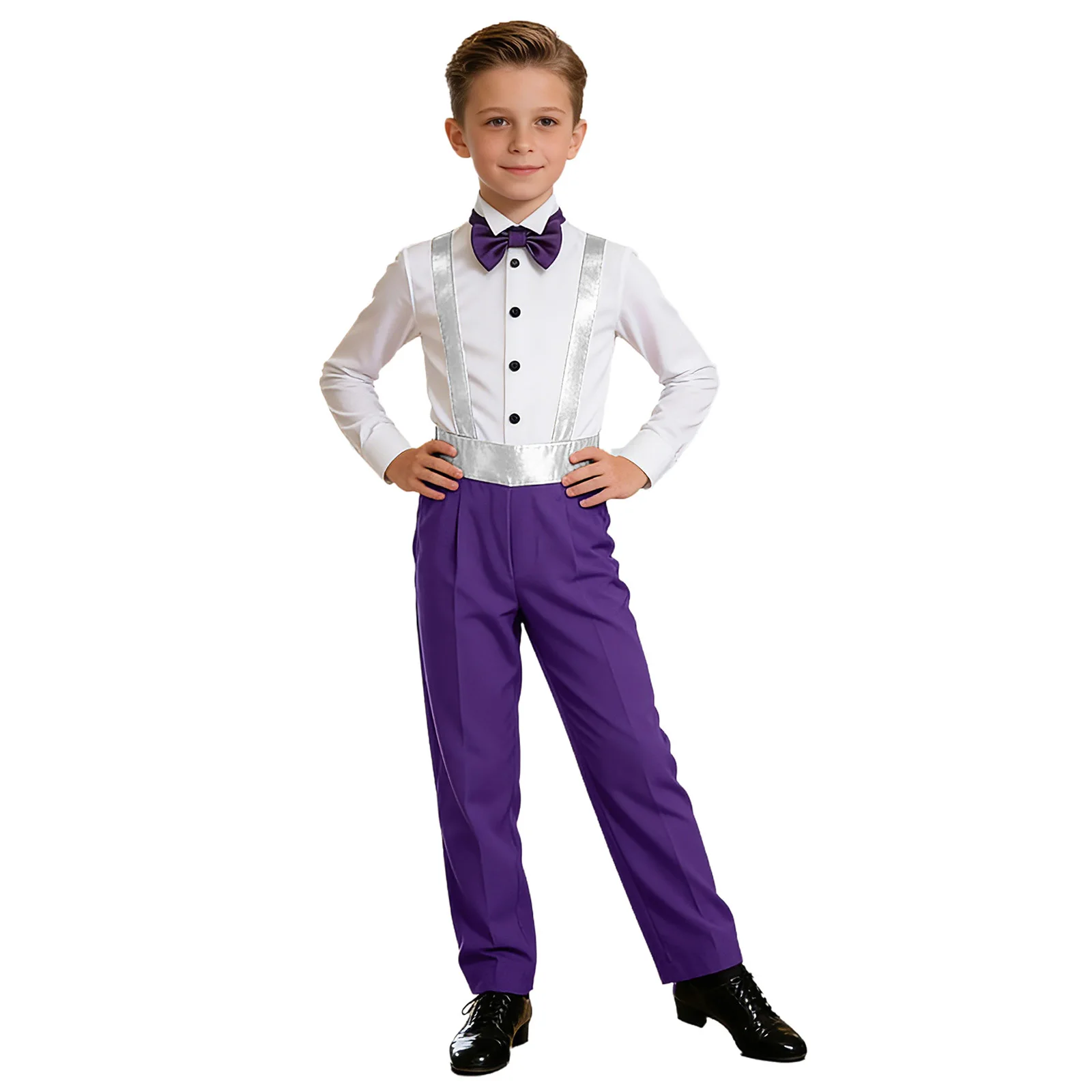 Kids Boys Tango Salsa Latin Dance Jumpsuit Bow Tie Collared Long Sleeve Metallic Bodysuit Modern Ballroom Performance Costume