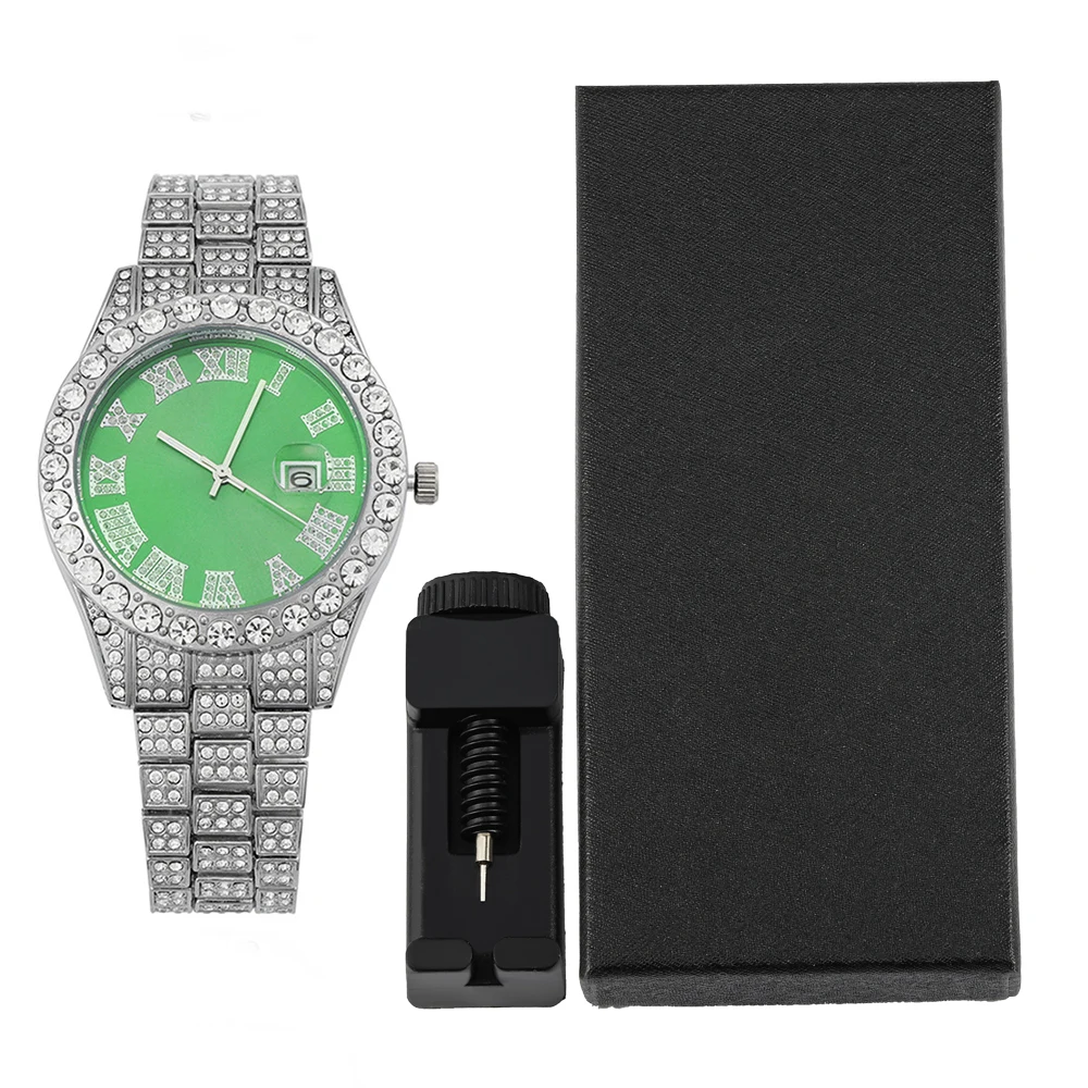 1pc Stylish Quartz Watch Hip-hop Punk Inlay Diamonds Silver Watch Bundled Size Adjuster Street Men Women Party Jewelry Gift Box