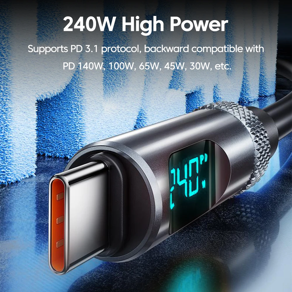 Elough 240W سيليكون شاشة ديجيتال مزدوجة TYPE-C كابل شحن سريع آيفون 15 16 سامسونج اللوحية أجهزة الكمبيوتر المحمولة الخ