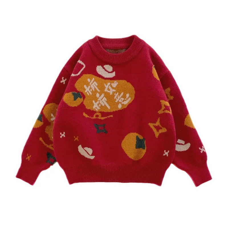 Chinese New Year Boys Sweaters Kids Girls Pullover Good Luck Winter Children's Clothes