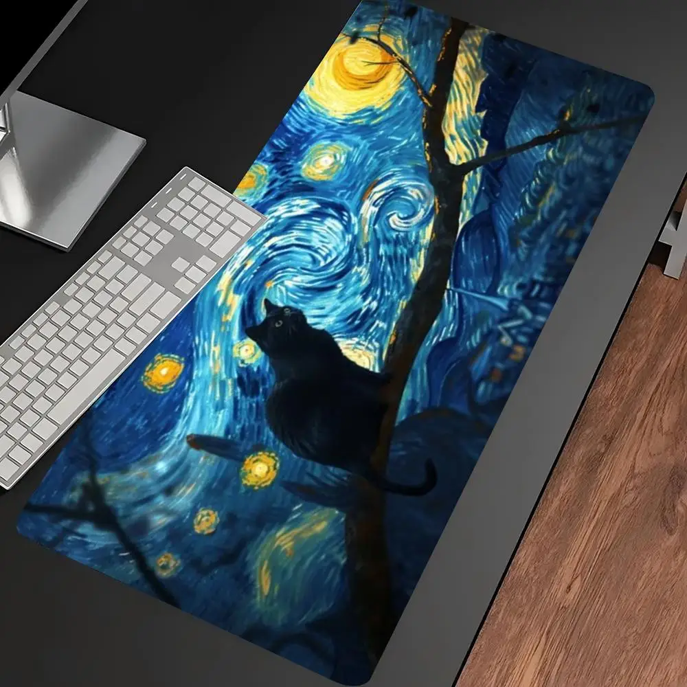 Starry Night Cat Large Desk Mat Non‑Slip Rubber Gaming Mouse Pad HD Print Keyboard Pad For Office Laptop Gamer Pc Accessories