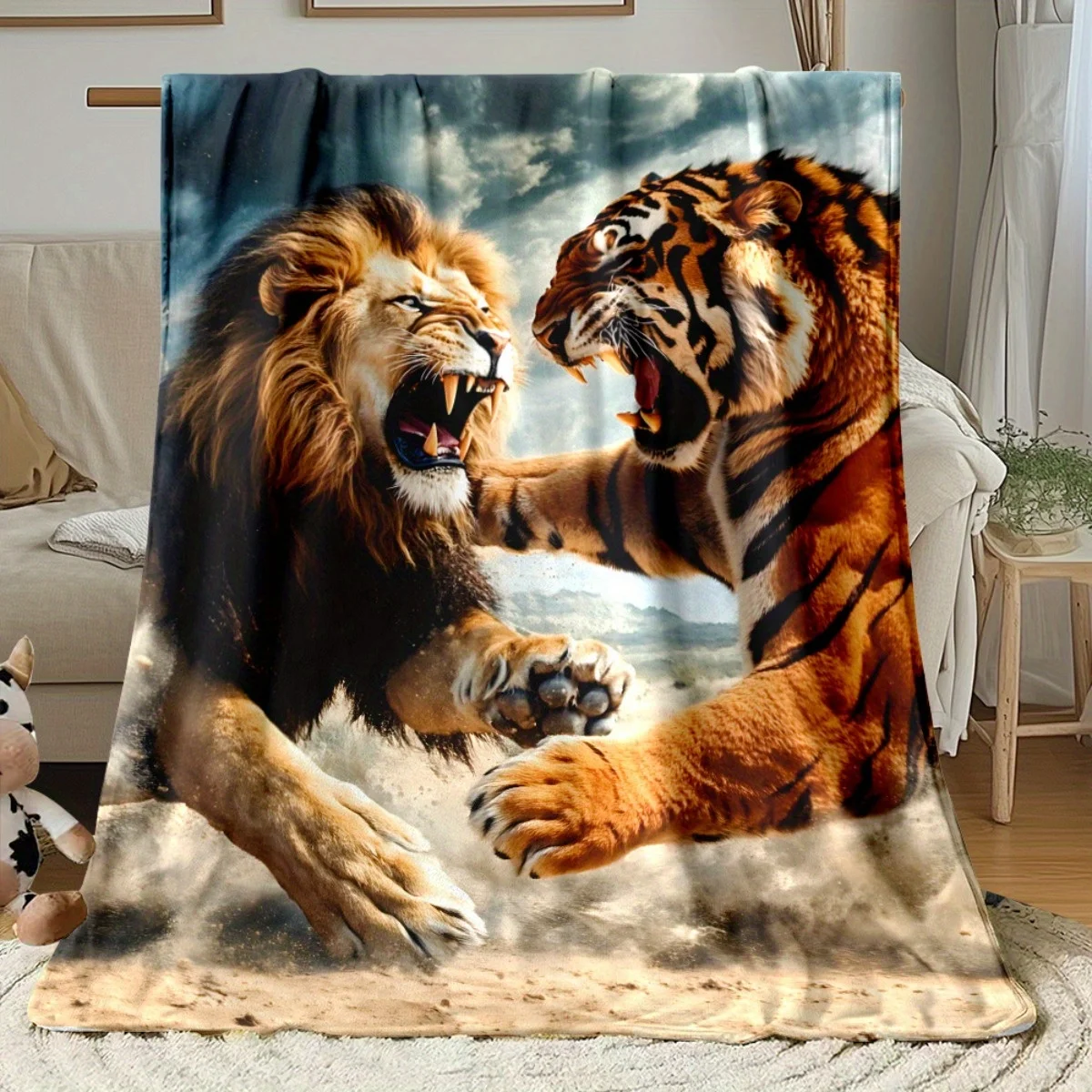 1pc Lion and Tiger in a Confrontation Blanket-Lightweight Flannel Home Furnishings Bedding Blanket Suitable for Sofas Beds Trave