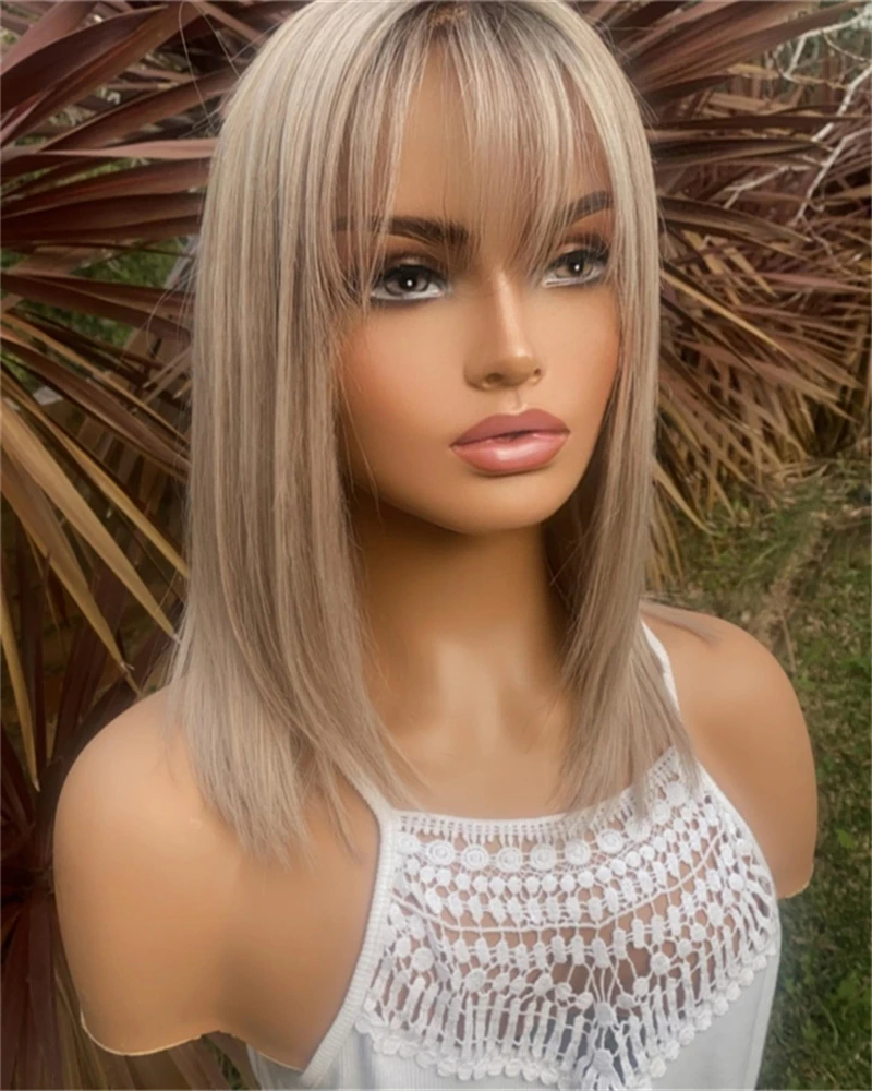 Ombre popielaty blond bezpieczna na ciepło koronkowa peruka syntetyczna z grzywką realistyczna linia włosów peruka dla kobiet Alopecia Hairloss Cosplay/impreza