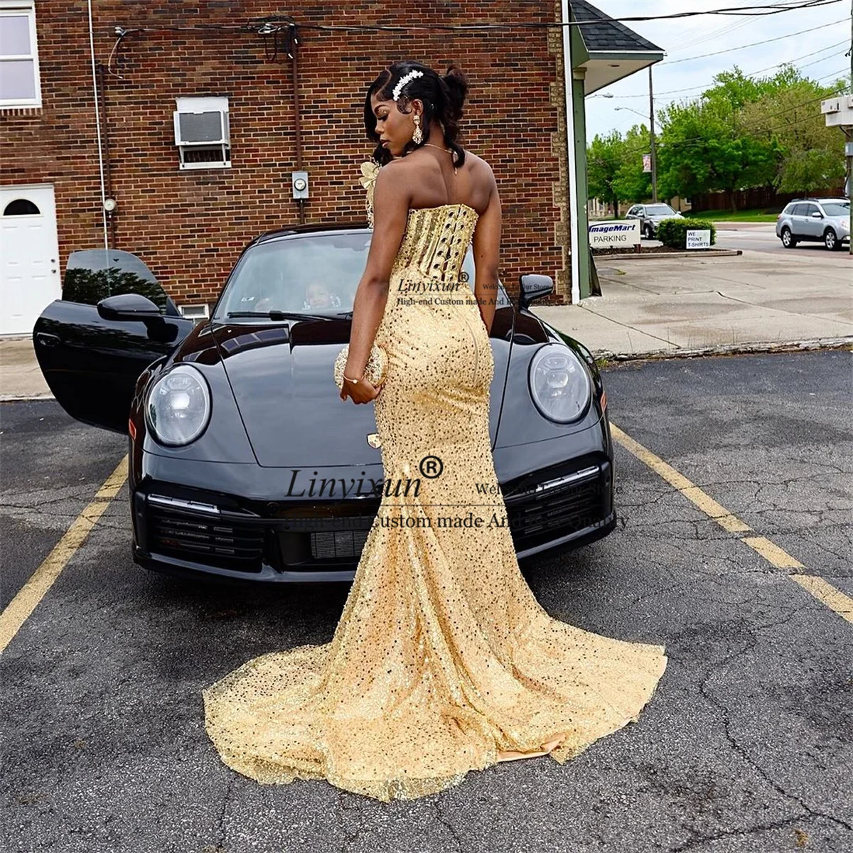 Glitter Gold Sequins Mermaid Prom Dress 3D Flowers Beaded Evening Party Gown Court Train Black Girls Birthday Robe De Soiree