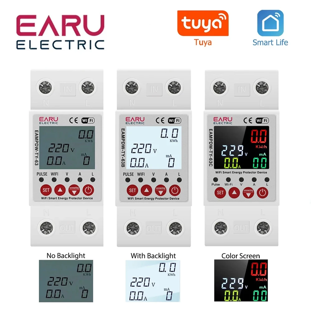 2P 63A 230V Tuya WiFi Smart Energy Meter Power kWh Meter Earth Leakage Over Under Voltage Protector Relay Device Switch Breaker