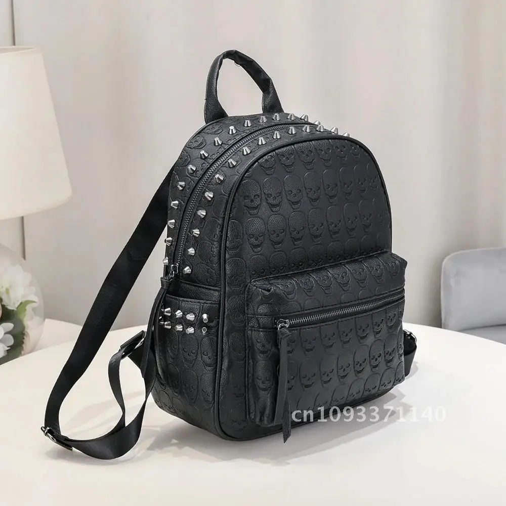 Jierotyx Goth Skull Embossed Backpack for Daypack Halloween Studded Decor Punk Travel PU Fashion Style Leather Rivet Bag Women