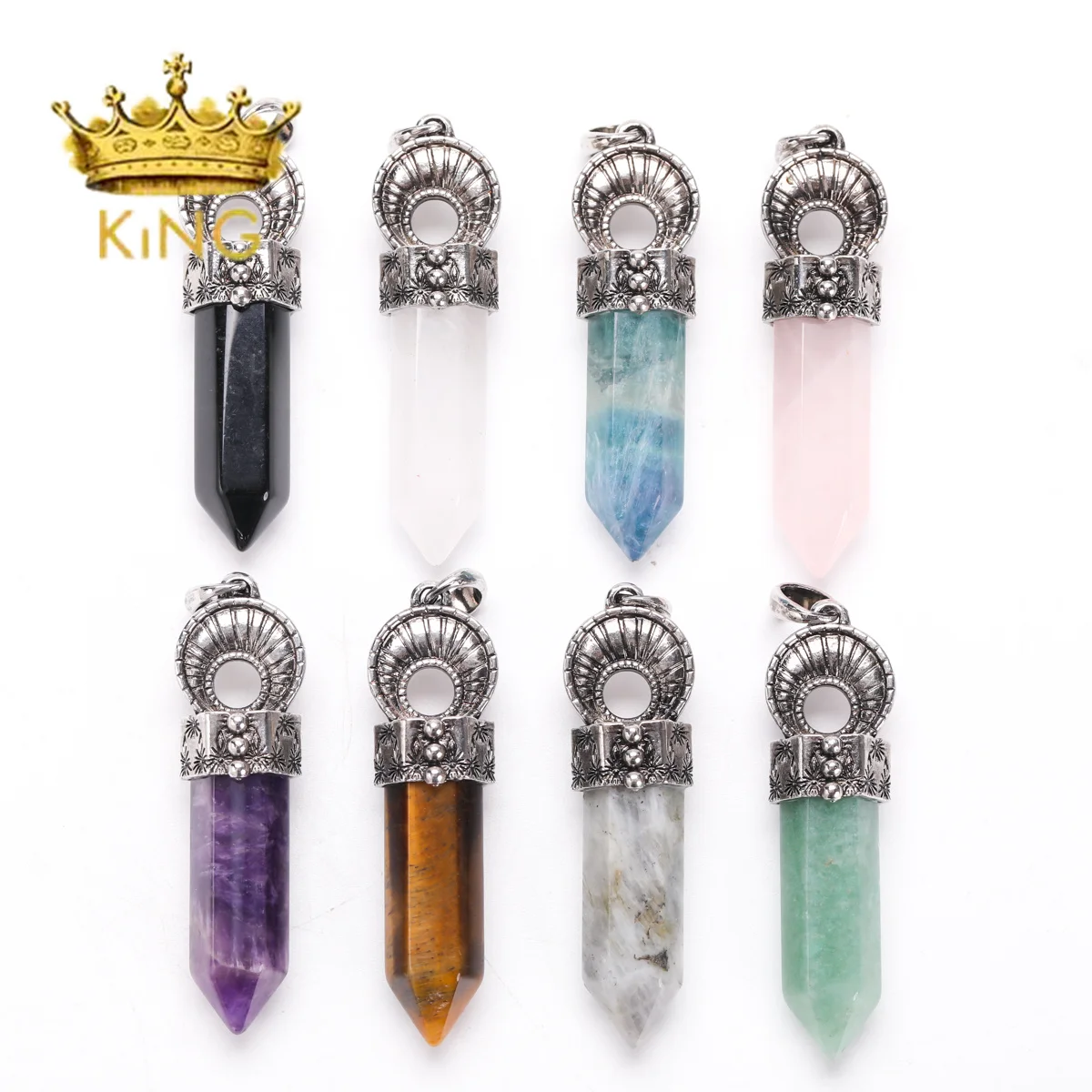 Vintage Silver Alloy Metal Point Shape Charms Natural Amethyst Shinny Stone Bead Crystal Pendants for Necklace image 3