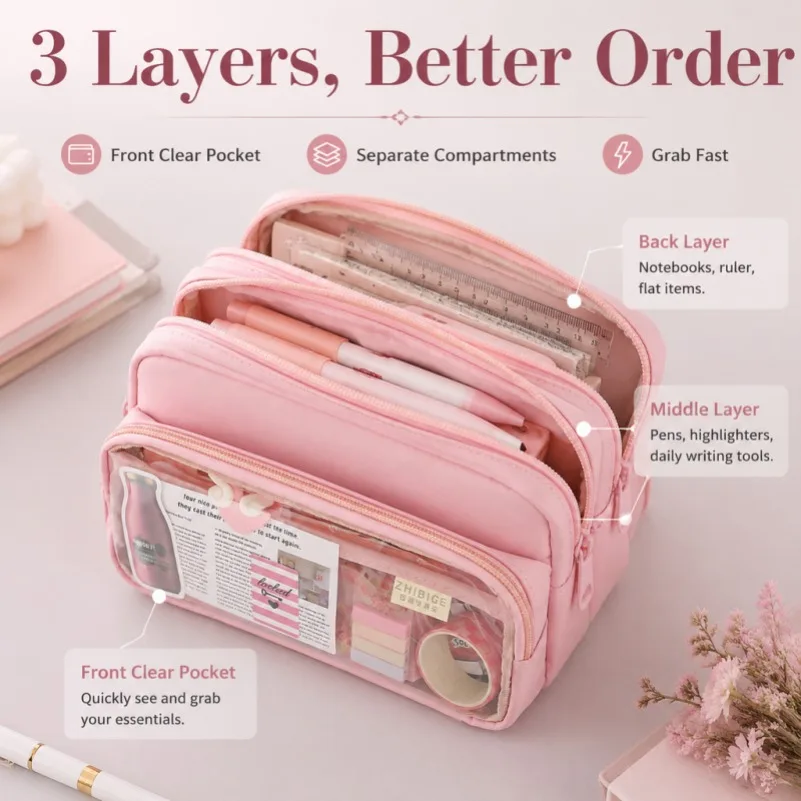Simple Pencil Case Large Capacity Student Stationery Bag Children's Birthday Gift Prizes Transparent Pencil Case Three Floors