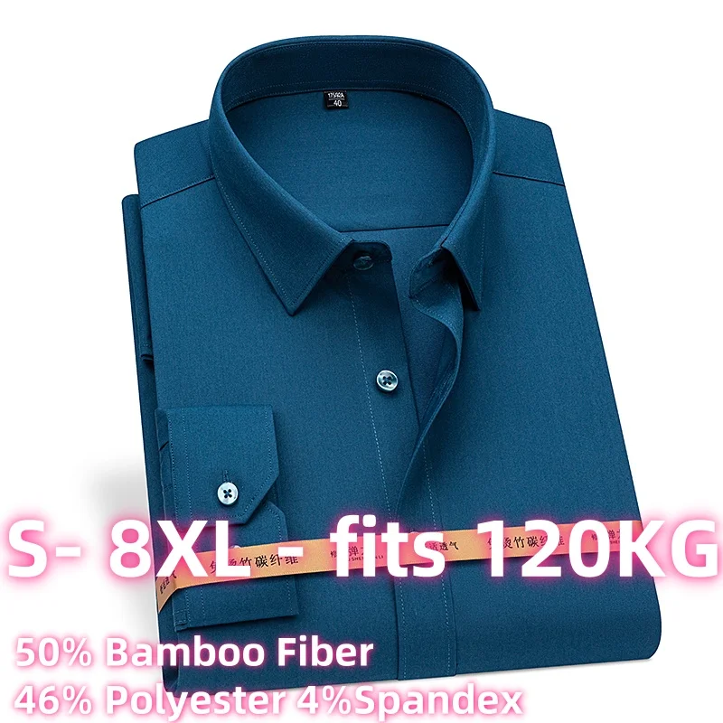 8XL New Fabric 50% Bamboo Fiber 46% Polyester 4%Spandex Long Sleeve Men Shirts Short Sleeves Soft Easy Care No-Iron Anti-Wrinkle