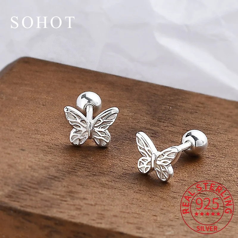 

Real 925 Sterling Silver Piercing Screw Bead Mini Butterfly Stud Earrings for Women Trendy Fine Jewelry Animal Accessories