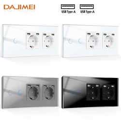 DAJIMEI 1/2/3 Gang 1/2 Way Touch Switch with Double USB Wall Socket Crystal Glass Panel Sensor Switches EU Dual USB Outlet