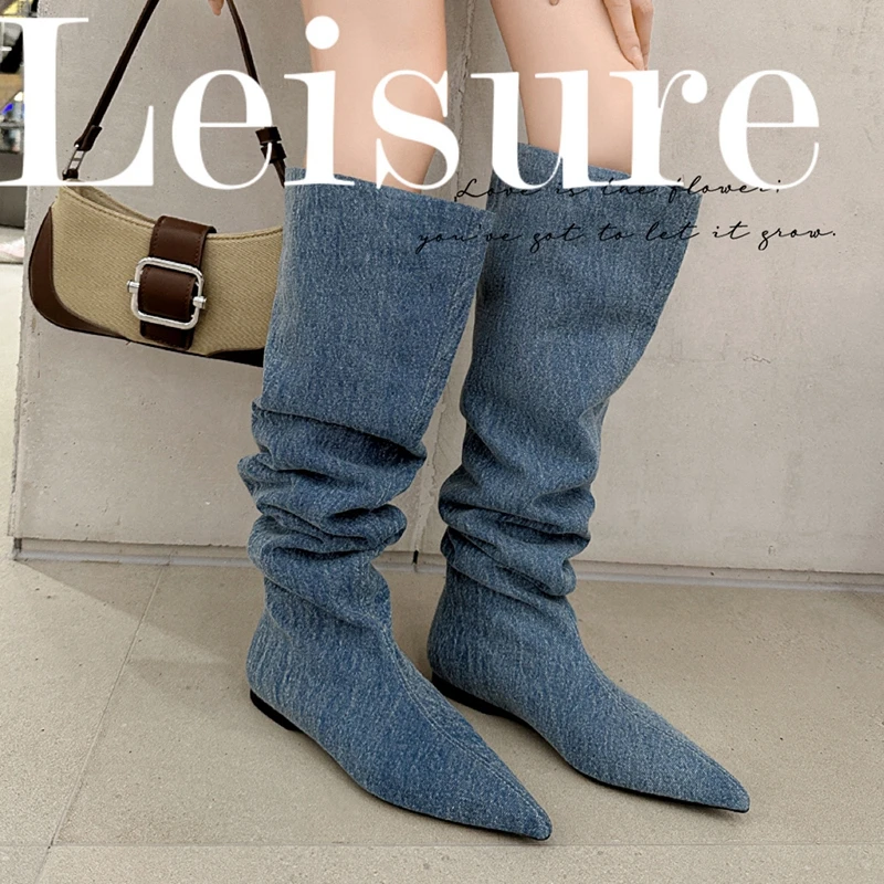 

Women's new autumn and winter pointed toe comfortable low heeled oversized and knee denim high leg boots, knight boots