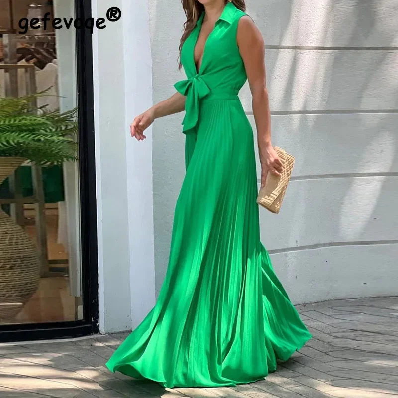 

Sexy Deep V Neck Bow High Waist Party Wide Leg Jumpsuit Women New Summer Fashion Elegant Sleeveless Streetwear Romper Pants 2023