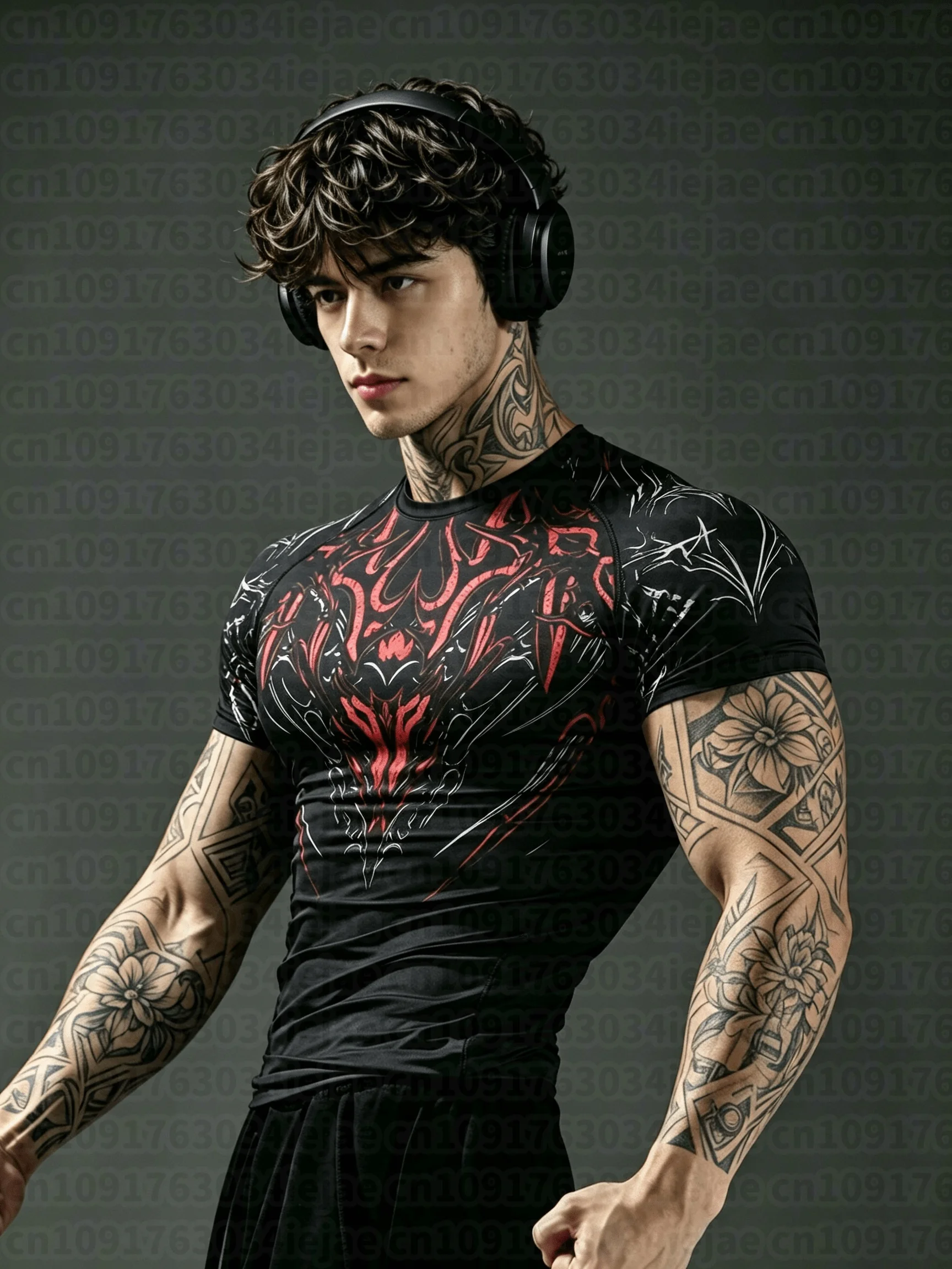 Herren Kid Black Totem/ Enganliegendes Fitness-Kurzarmshirt/ Elastisch Schnelltrocknend Atmungsaktiv/ Muskelfortonendes Lauf- und Trainings-T-Shirt – Detail 4