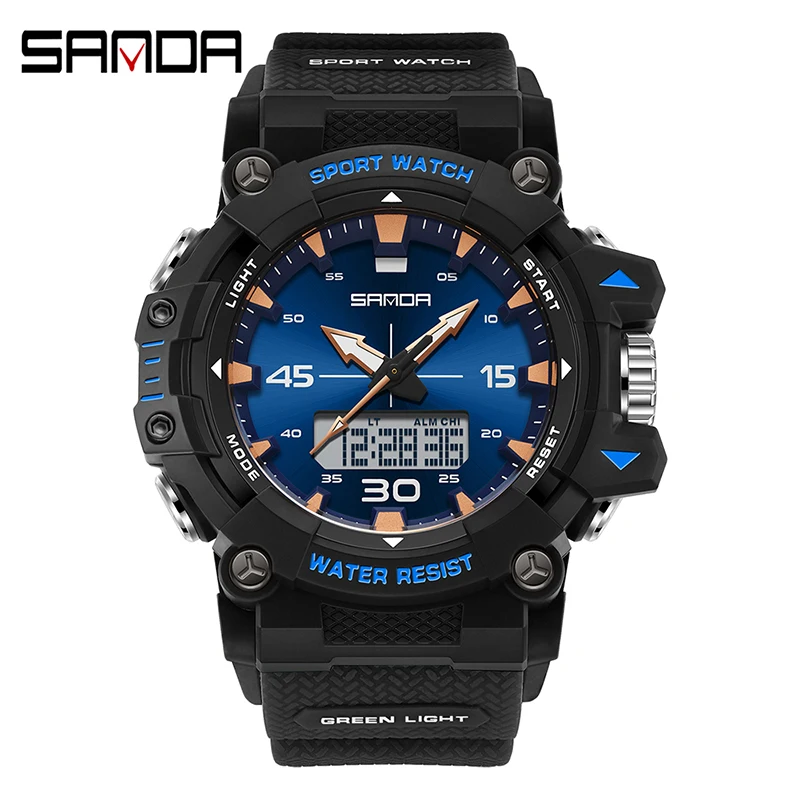 SANDA SD6291 ساعة كوارتز إلكترونية رياضية للرجال مقاومة للصدمات ومقاومة للماء وتقويم مضيء وساعات رقمية كاجوال للرجال