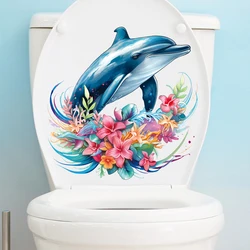 1Pc Watercolour Flower Dolphin Wall Stickers for Toilet Bathroom Home Decor Bedroom Wall Decals Children Room Living Room DIY