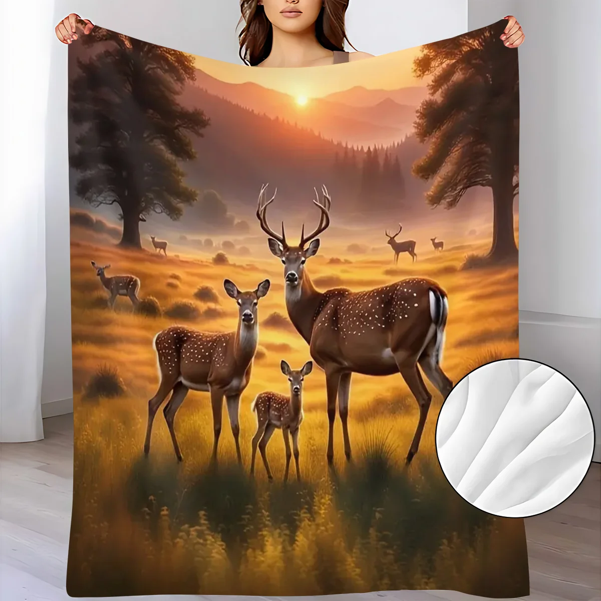 Wildlife Sika Deer Family Sunset Meadow Landscape Pattern Flannel Blanket Warm Cozy Printed Throw Blanket Living Room Bedroom