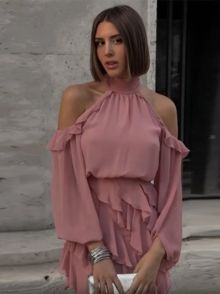 Minivestido elegante rosa con dobladillo con volantes y cuello Halter, Vestidos de manga larga con hombros descubiertos y cintura alta, Vestidos de fiesta en la playa para vacaciones